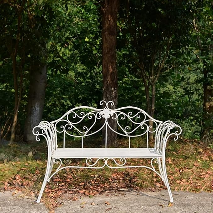 Outdoor White Metal Garden Bench, Double Seat with Decorative Cast Iron Backrest, Perfect for Patio, Yard, Porch, Balcony & Sunroom - Stylish Garden Furniture