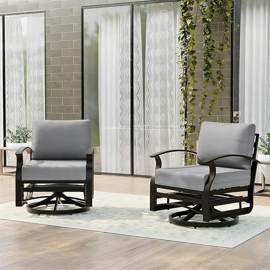 Gotland 2 Piece Patio Set, Metal Outdoor Swivel Chairs Set of 2 with 5.1’’ High-Resilience Seat Cushions 6.2’’ Back Pillow Removable Cushions for Backyard, Lawn, Porch, Grey
