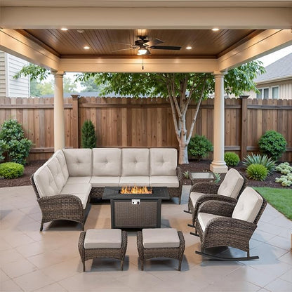 Belord 8 Pieces Patio Conversation Set with 43” Propane Fire Pit Table, Outdoor Sectional Furniture Sofa Set with Removable Beige Cushions for Patio Deck Backyard Brown