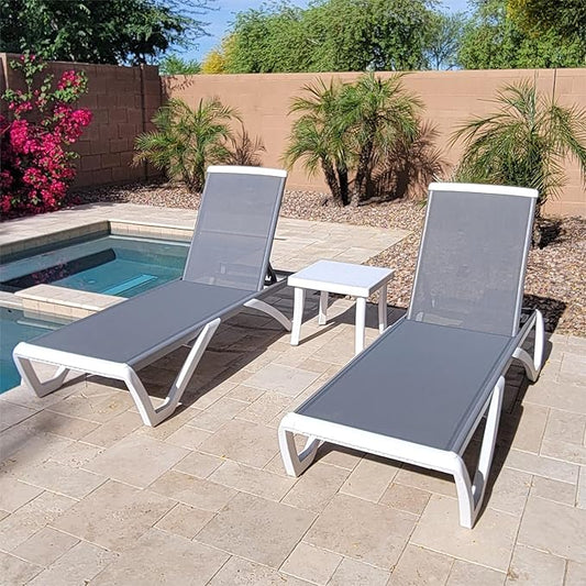 Domi Outdoor Chaise Lounges, Adjustable Aluminum Patio Lounges, Plastic Pool Lounge Chairs for Deck Lawn Backyard(2 Grey Lounges W/Table)
