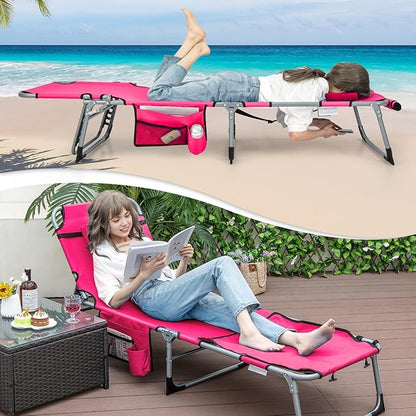 Giantex Set of 2 Tanning Chair with 5 Adjustable Positions, Face & Arm Hole, Hand/Shoulder Strap, Removable Pillow, Side Pocket, Load 330 Lbs, Patio Lounge Chair for Outdoor Beach Sunbathing, Pink