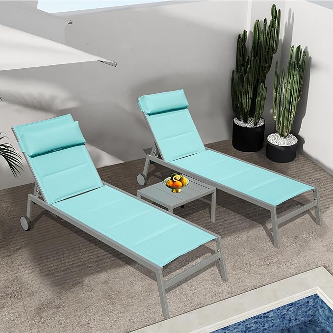Domi Outdoor Patio Chaise Lounge Set of 3, Aluminum Pool Lounge Chairs with and Wheels, Textilene Padded Adjustable Recliner All Weather for Poolside, Beach, Yard, Balcony (Turquoise Blue)
