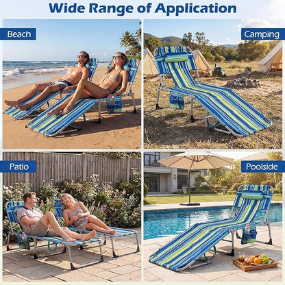 GYMAX Tanning Chair with Face Hole, Sun Bathing Lounge Chairs for Outside with Side Pocket, Folding Portable Face Down Layout Tanning Chair Beach, Backyard, Poolside, Lawn (Blue Stripe,2)
