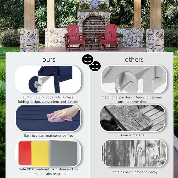 Folding Adirondack Chair Set of 4，Wooden Textured Fire Pit Chair with Cup Holder, Heavy All-Weather HDPE Plastic Outdoor Patio Chairs for Poolside Backyard Patio Outdoor Garden