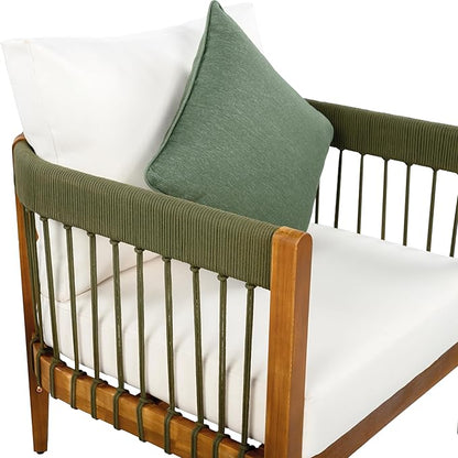 Christopher Knight Home Vinny Outdoor Accent Chair, Acacia Wood Club Chair, Handwoven Rope Armchair with Removable Cushions, Comfort Seating Single Reading Sofa for Garden Backyard Porch, Green+Beige