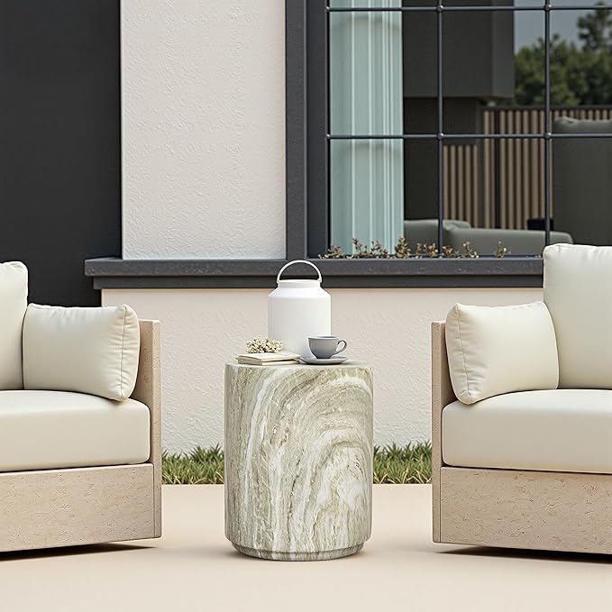 LuxenHome 18" Outdoor Side Table, Green and White Marbled Round Side Table, Indoor Outdoor End Tables for Patio, Modern Small Round Side Tables for Outside, Garden Stool for Indoor and Outdoor