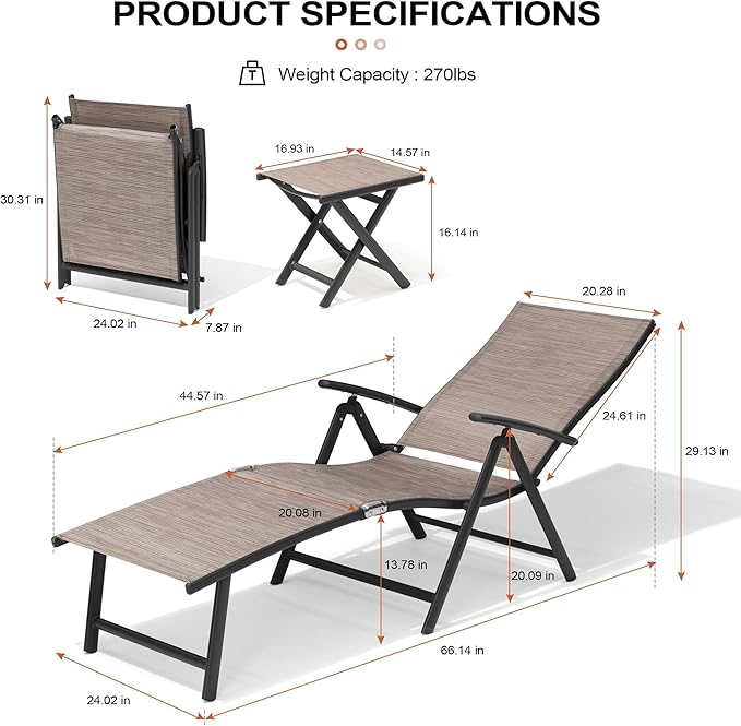 Crestlive Products 2PCS Chaise Lounge Chair Outdoor with 1PC Side Table, Aluminum Folding Patio Recliner Chair, Adjustable 8 Positions Assemble-Free