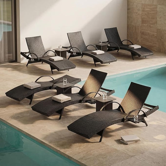 Set of 6 Black Outdoor Chaise Lounge Chairs, Wicker Patio Lounge Chairs with Adjustable Backrest and Armrests, Durable PE Rattan Pool Chair for Patio, Poolside and Garden