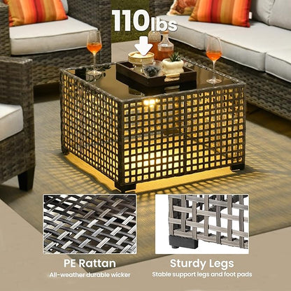 ovios Outdoor Side Table with Tempered Glass Top, Patio Wicker Solar Table, Rattan Bistro End Table for Porch Deck Balcony Garden Poolside, Grey