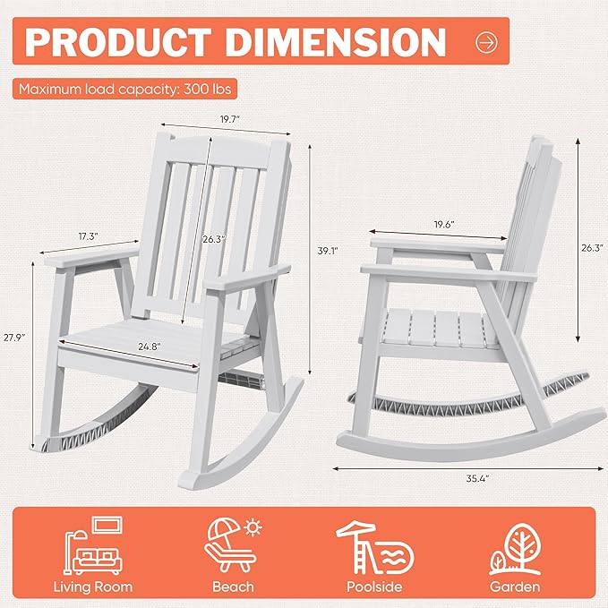 Flamaker Outdoor Rocking Chairs, PP Material Patio Rocking Chairs All Weather Resistant, Heavy Duty Rockers with High Back for Patio Backyard Porch (White)
