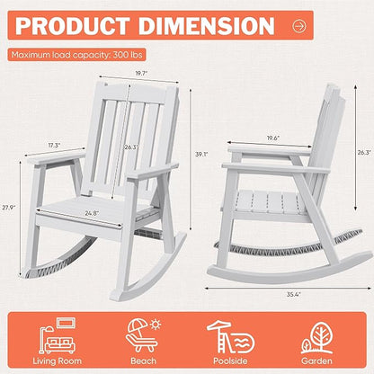 Flamaker Outdoor Rocking Chairs, PP Material Patio Rocking Chairs All Weather Resistant, Heavy Duty Rockers with High Back for Patio Backyard Porch (White)