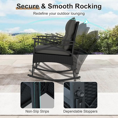 Tangkula 3 Pieces Outdoor Rocking Chairs Set, Rattan Heavy Duty Cushioned Rocker Chairs with 2-Tier Tempered Glass Coffee Table, for Garden, Balcony, Backyard (Black+Gray)