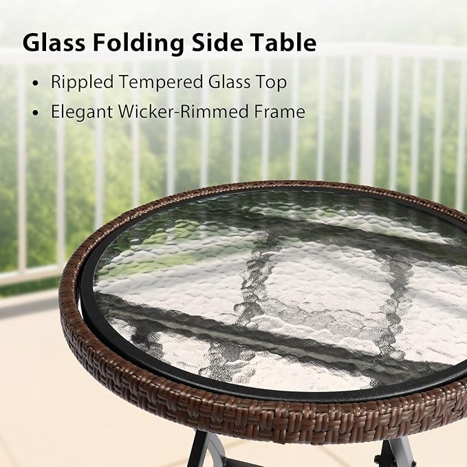 Outdoor Side Table, Round Rattan Patio Side Table, Small Foldable Wicker Table with Tempered Glass Table Top for Lawn Garden Balcony Porch Deck Pool