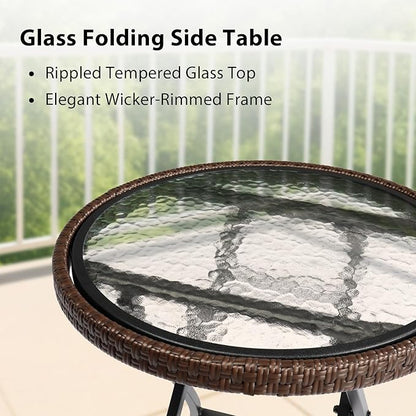 Outdoor Side Table, Round Rattan Patio Side Table, Small Foldable Wicker Table with Tempered Glass Table Top for Lawn Garden Balcony Porch Deck Pool