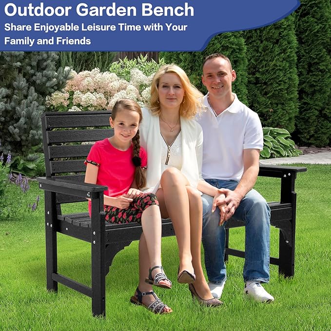 Outdoor Bench Weatherproof - HDPE 2-Person Garden Bench with Cup Holders, Bench Furniture with Backrest and Armrests - Photo 3