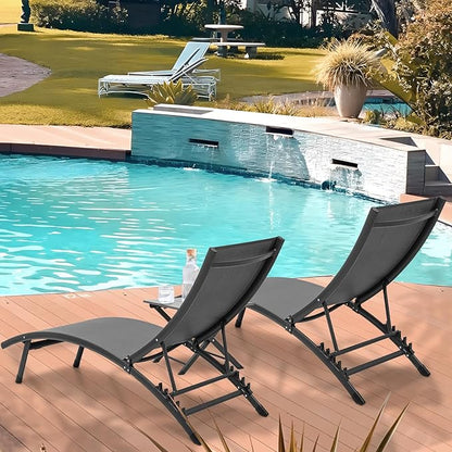 MoNiBloom Lounge Chairs for Outside Set of 3, Folding Adjustable Gray Deck Chair Recliner w/Side Table, Breathable All Weather Wavy Patio Chaise Lounge for Reading and Sunbathing, 350 Lbs Capacity