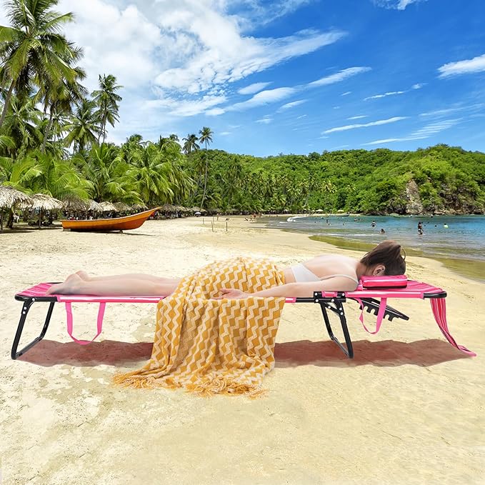 GYMAX Tanning Chair, 330lbs Beach Lounge Chair with Face Hole, Washable Pillow & Carry Strap, Adjustable Folding Chaise Lounge, Layout Lounger for Outside, Patio, Poolside, Lawn (1, Pink Stripe)