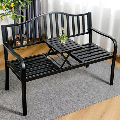 Outdoor Metal Garden Bench with Pull-Out Table, Cast Iron Steel Frame Loveseat with Backrest & Armrests, Perfect for Patio, Yard, or Park (White)