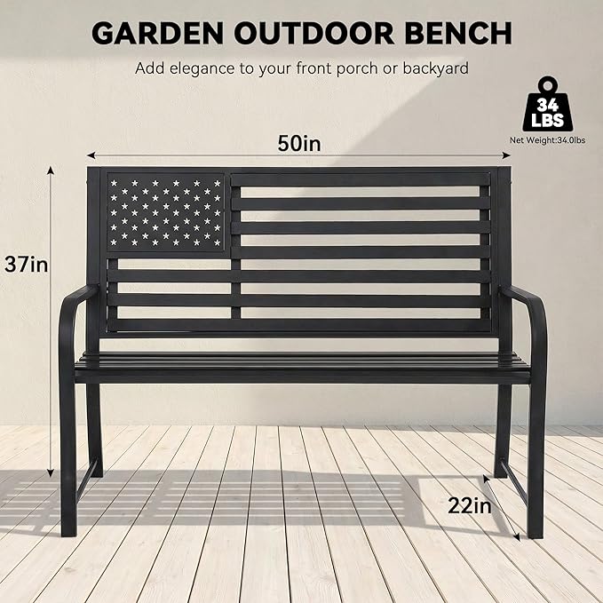 50" Garden Bench Outdoor Bench with American Flag Style, Cast Iron Metal Frame Sturdy Patio Park Bench Arch Legs for Porch,Lawn,Garden,Yard (Black)