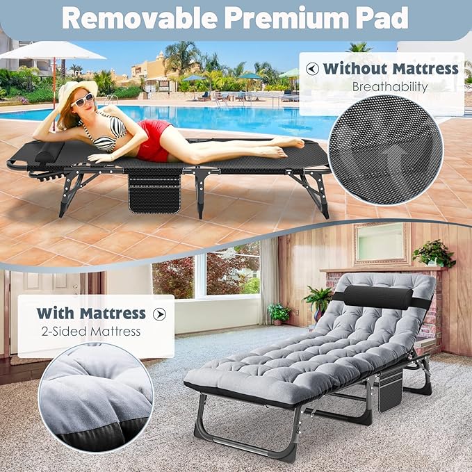Slsy Folding Lounge Chairs Outdoor, Adjustable Sleeping Cot Chair, Portable Folding Bed Cot Chaise Lounge Chairs for Outside Beach Lawn Camping Pool Sun Tanning