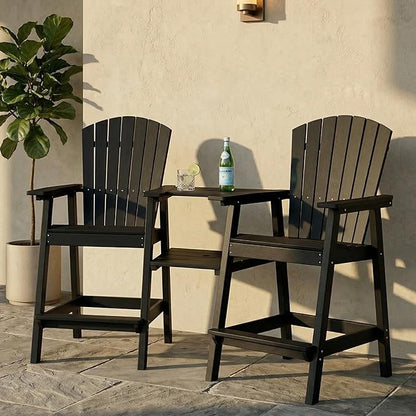 Kingdura Upgraded Tall Adirondack Chairs Set of 2, Weather Resistant HDPE Bar Height Outdoor Stools with Removable Double Connecting Trays, Wooden Grain for Patio, Balcony, Deck (Black)