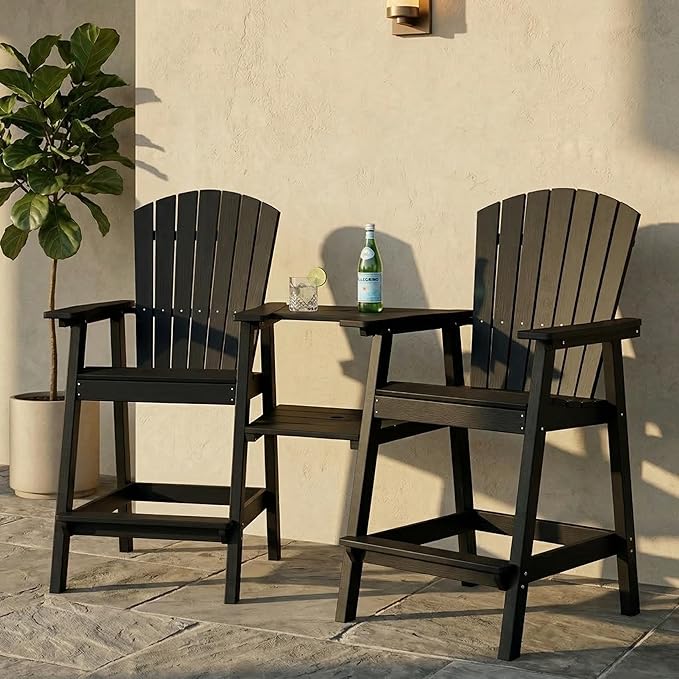 Kingdura Tall Adirondack Chairs Set of 2 with Removable Connecting Tray & 2" Umbrella Hole, Weather-Resistant HDPE Bar Height Outdoor Chairs, Wood-Look Balcony Bar Stools for Patio, Deck (Black)