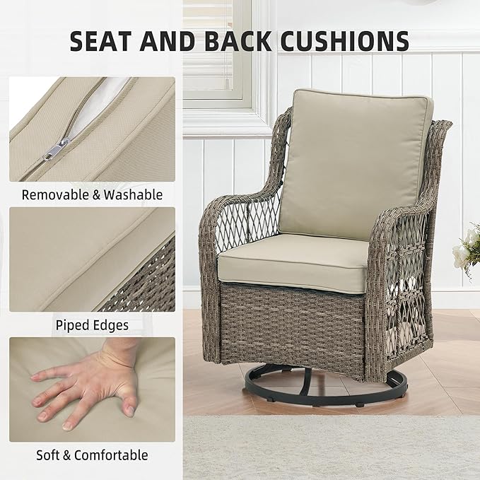 GAOMON 3 Piece Outdoor Patio Set, Wicker Rocking Bistro Set with 2 Swivel Chairs & Tempered Glass Top Table - Photo 5