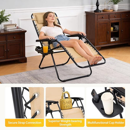 NEWBULIG Zero Gravity Chair Set of 4, Lounge Chair Folding Portable Adjustable Camping Reclining Chairs with Adjustable Pollow, Mesh Back, Cup Holder Trays Lawn Patio Chair for Pool Beach - Tan
