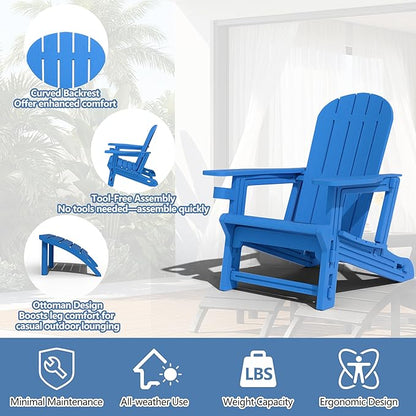 Shintenchi Adirondack Chair Set of 2,HDPE Adirondack Chairs with Umbrella Hole Connecting Tray & 2 Curved Ottoman,Plastic Outdoor Chairs with Cup Holders for Garden Backyard Pool,Blue