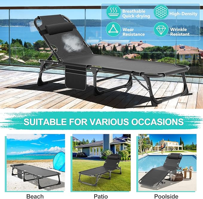ABORON 3-in-1 Folding Patio Lounge Chair, 440LB Heavy-Duty Tri-Fold Guest Bed with Plush Cotton Cushion, No Assembly Adjustable Recliner for Office Nap, Patio Sunbathing, Poolside & Camping