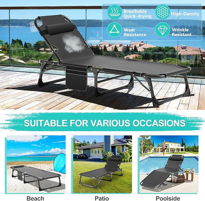 ABORON 3-in-1 Folding Patio Lounge Chair, 440LB Heavy-Duty Tri-Fold Guest Bed with Plush Cotton Cushion, No Assembly Adjustable Recliner for Office Nap, Patio Sunbathing, Poolside & Camping