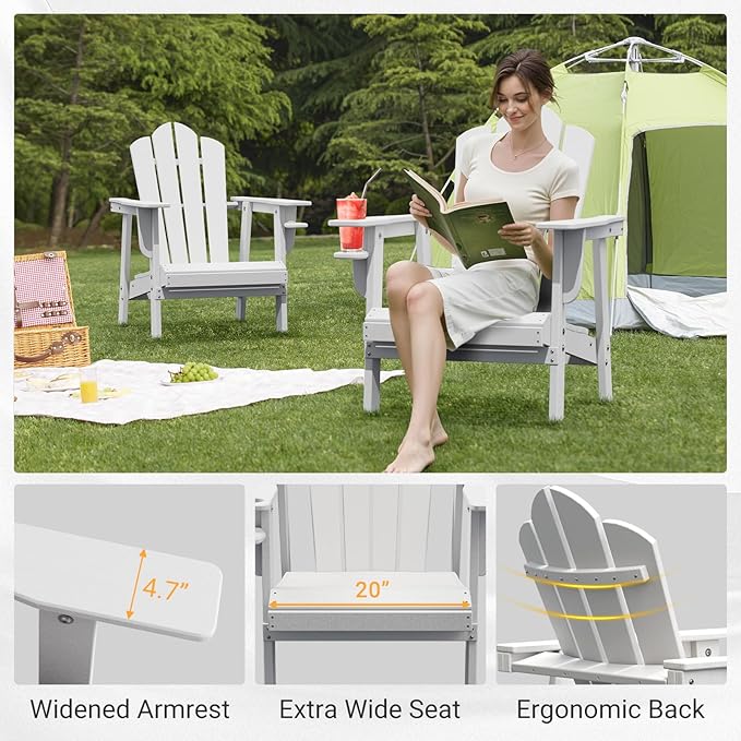 PROHIKER Adirondack Chair with Cup Holder, HDPE Outdoor Patio Chair All Weather Outdoor Chairs for Lawn Garden Porch Backyard, Plastic, White
