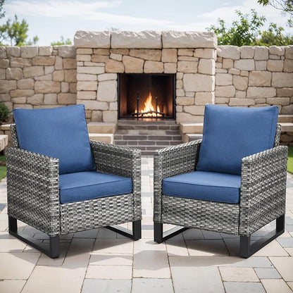 Rilyson Wicker Outdoor Patio Chairs Set of 2-2 Piece Rattan Chairs with Waterproof Wicker,Comfortable Cushions and Sturdy Metal Frame for Outside Porch Deck Backyard(Mixed Grey/Blue)