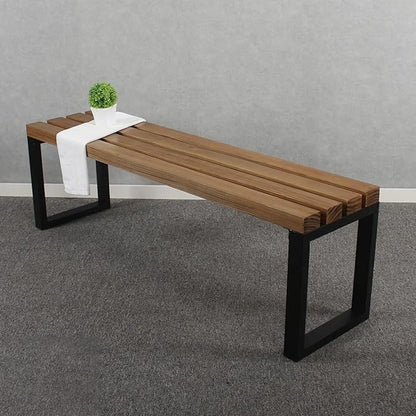 MBQQ Outdoor Soild Wood Bench,55 inch Patio Picnic Bench,Oil Finished Backless Wooden Garden Park Bench for Patio Porch, Modern Slim Indoor Dining Furniture,Sandblast Finish/Rustic Metal,Teak Color