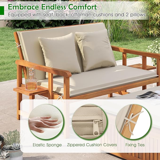 LDAILY Moccha Acacia Wood Outdoor Daybed - Wooden Loveseat Sofa with 4-Level Backrest, Storage Ottoman, Cushions - Photo 7