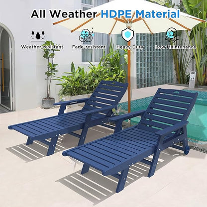 nalone HDPE Chaise Lounge Chair Outdoor with Wheels & Cup Holder, Pool Lounge Chairs with 5-Position Adjustable Backrest, Supports Up to 400 LBS for Patio Poolside Deck Beach Backyard (Navy Blue)