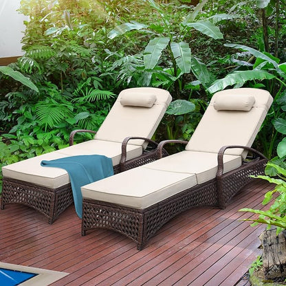 NOBLEMOOD Chaise Lounge Outdoor Wicker Lounge Chair with Wheels, Adjustable 6 Position Pool Reclining Chair with Blue Thickened Fabric Cushion & Pillow, Pack of 2