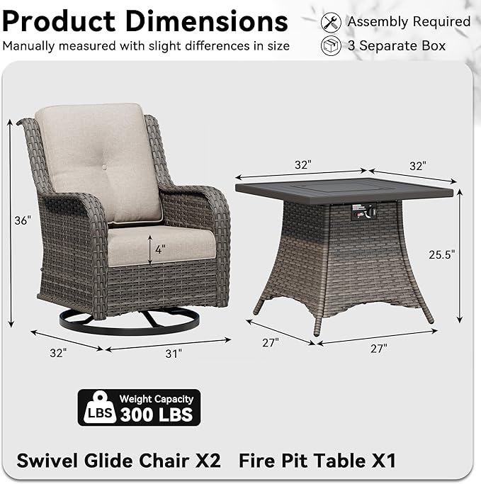 3 Pieces Outdoor Wicker Patio Furniture Set with Fire Pit Table, Swivel Rocker Patio Chairs Set with Thickened Cushions - Photo 2