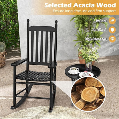 Giantex Outdoor Rocking Chair, All Weather Patio Rocker w/Solid Rocking Base & High-Back, Slatted Seat & Back, Acacia Wood Porch Rocker, Wooden Patio Rocking Chair for Backyard, Poolside, Black