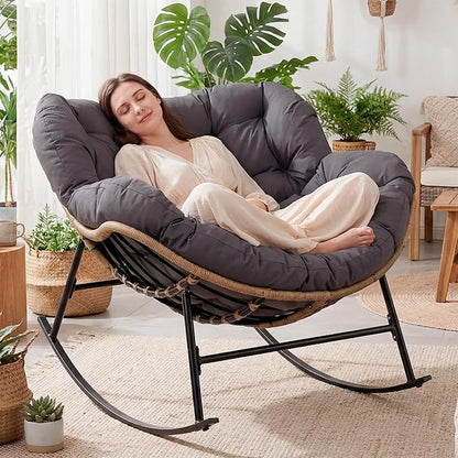 NICESOUL Royal Rocking Papasan Chair Indoor Outdoor, Cushioned Patio Egg Rocking Chair, Oversized Rattan Lounge Rocker, 450 lbs Heavy Duty Comfy Glider for Outside Balcony Lawn Porch, Dark Grey