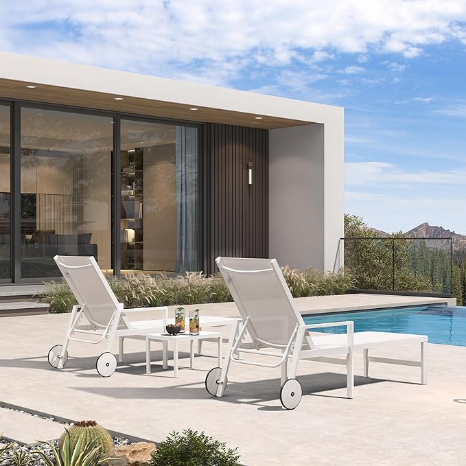 PURPLE LEAF Lounge Chair Outdoor Set 2 Pieces White Aluminum Chaise Lounge with Armrest and Wheels for Pool Deck Patio, Ivory