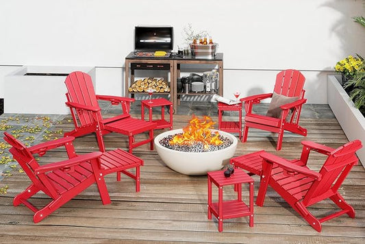 GREENVINES Adjustable Adirondack Chair with Retractable Ottoman Set of 2 | Folding | HDPE Plastic | Fire Pit Chairs w/Foot Rest | 2 Cup Holders | Red | for Outdoor Patio Poolside Deck