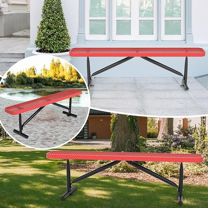Outdoor Garden Benches, 6 ft Steel Picnic Bench Porch Chair Furniture Patio Seating, Commercial Expanded Metal Mesh Bench for Outside, Lawn, Backyard, Park, Deck, Garden, Patio, School (Red, 6FT)