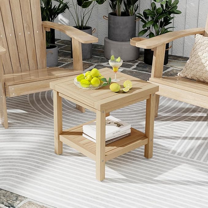 Tangkula 2-Tier Outdoor Side Table, Teak Wood End Table with Storage Shelf, Square Patio Snack Table, Coffee End Table for Porch Deck Garden, Natural