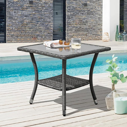 Patiorama Outdoor Wicker Patio Side Table, Weather Resistant Rattan Coffee Table, Square End Table, Aluminum Frame, Grey