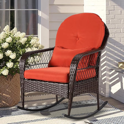 LVUYOYO Outdoor Wicker Rocking Chair, Patio Rattan Rocker Chair with Cushions, Rocking Wicker Furniture for Deck, Porch, Garden, Backyard (Orange Red)