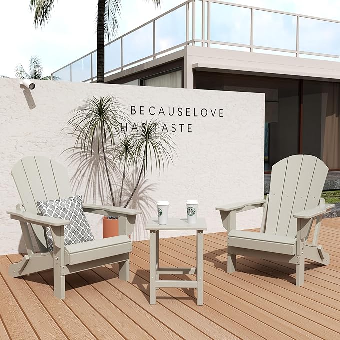 WestinTrends Malibu 3-Pieces Adirondack Chairs Set with Side Table, All Weather Outdoor Seating Plastic Patio Lawn Chair Folding for Outside Porch Deck Backyard, Sand