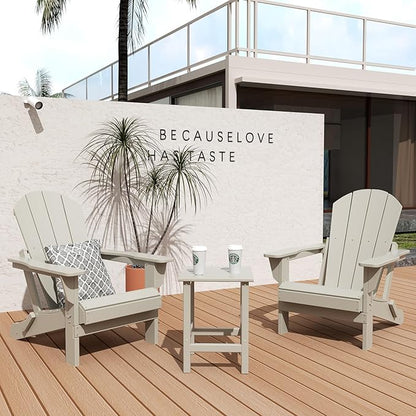 WestinTrends Malibu 3-Pieces Adirondack Chairs Set with Side Table, All Weather Outdoor Seating Plastic Patio Lawn Chair Folding for Outside Porch Deck Backyard, Sand