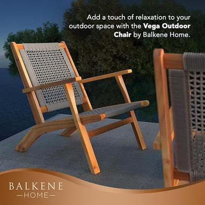 Balkene Home 62773 Vega Natural Stain Outdoor Chair Acacia Wood Construction Hand Woven Seat Mid Century Design Comfortable Reclining Armchair Patio Lawn Garden Backyard Deck - Ecru Cording
