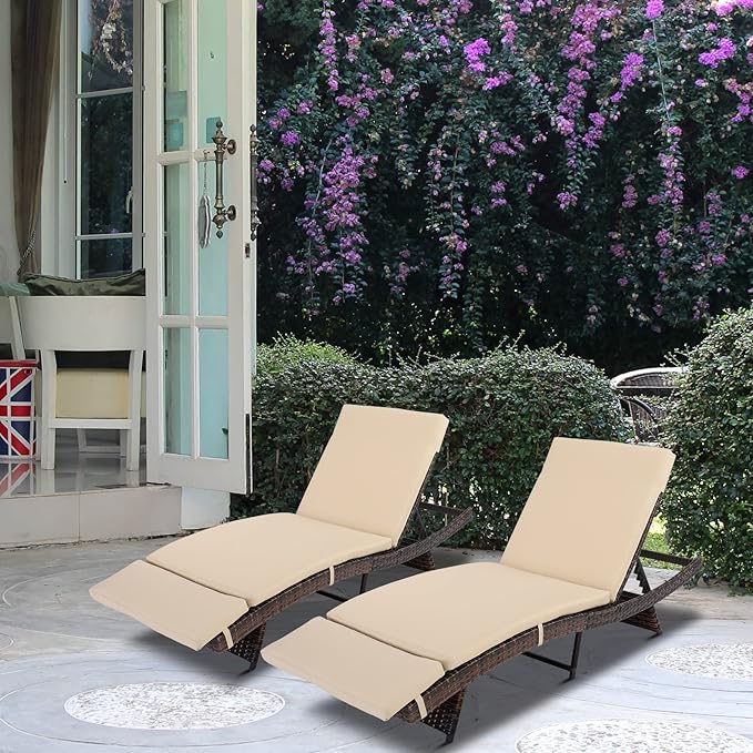 VINGLI Adjustable Patio Wicker Chaise Lounge Outdoor, Rattan Outdoor Lounge Chair, All Weather Patio Chaise Lounge with Adjustable Backrest and Soft Cushions (Brown)